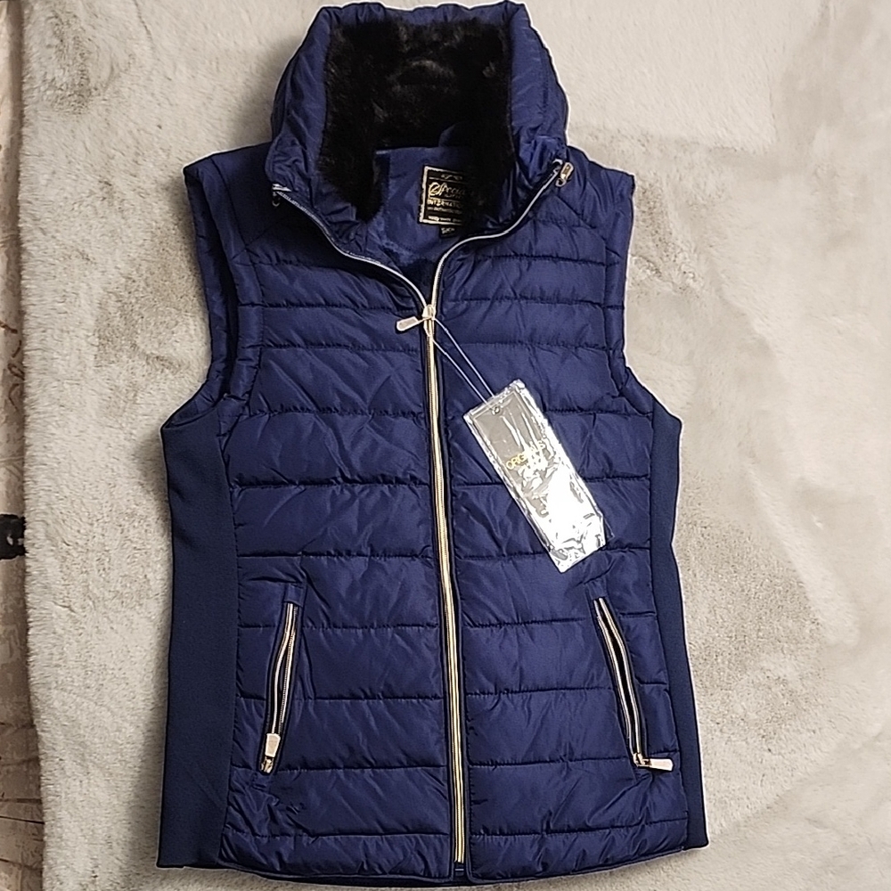 Navy quilted vest with Black Fur Trim